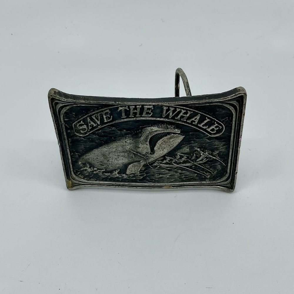 Vintage 70s Bergamot Brass Works Save the Whale Pewter Belt Buckle - Picture 1 of 6